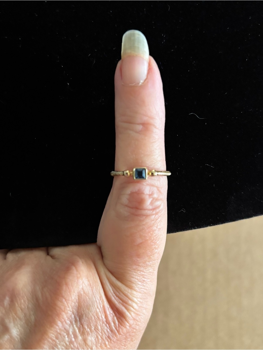 Avon Gold-Tone Minimalist Stacking Ring with Square Blue Stone Ribbed Texture